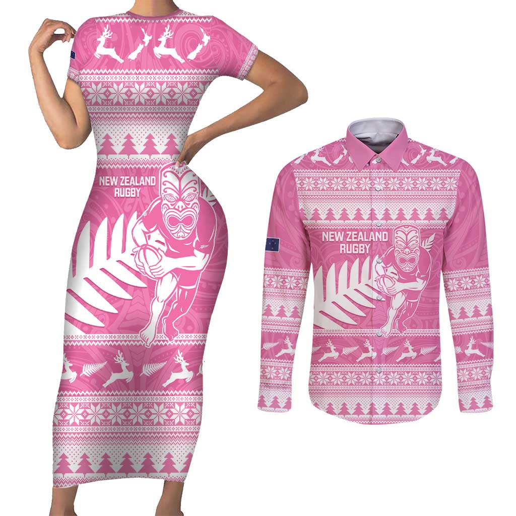 New Zealand Christmas Rugby Personalised Couples Matching Short Sleeve Bodycon Dress and Long Sleeve Button Shirt Meri Kirihimete All Black Maori Pink Version - Aussie Hoodie