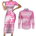 New Zealand Christmas Rugby Personalised Couples Matching Short Sleeve Bodycon Dress and Long Sleeve Button Shirt Meri Kirihimete All Black Maori Pink Version - Aussie Hoodie