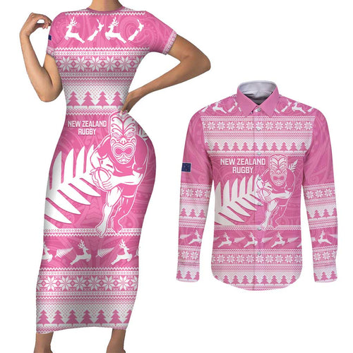New Zealand Christmas Rugby Personalised Couples Matching Short Sleeve Bodycon Dress and Long Sleeve Button Shirt Meri Kirihimete All Black Maori Pink Version - Aussie Hoodie
