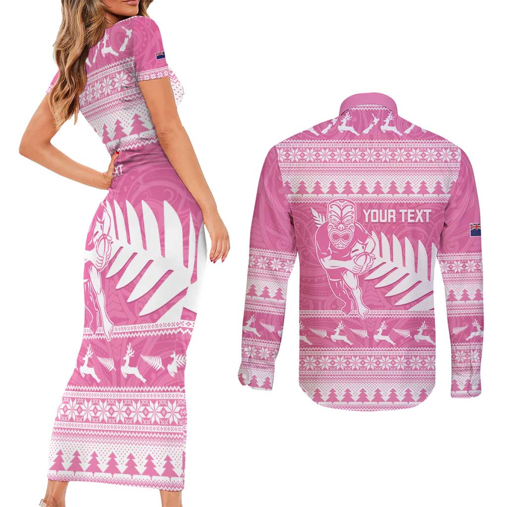 New Zealand Christmas Rugby Personalised Couples Matching Short Sleeve Bodycon Dress and Long Sleeve Button Shirt Meri Kirihimete All Black Maori Pink Version - Aussie Hoodie