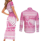 New Zealand Christmas Rugby Personalised Couples Matching Short Sleeve Bodycon Dress and Long Sleeve Button Shirt Meri Kirihimete All Black Maori Pink Version - Aussie Hoodie