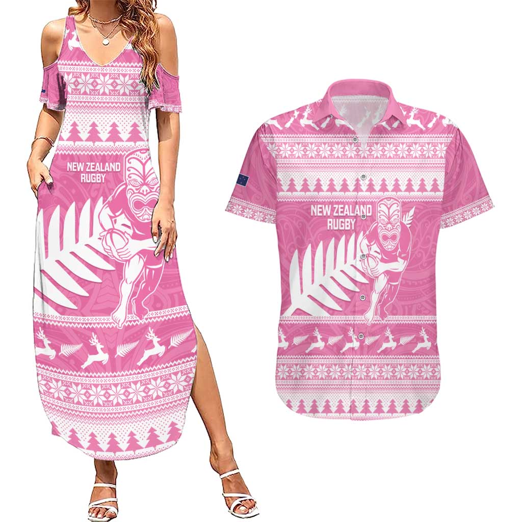 New Zealand Christmas Rugby Personalised Couples Matching Summer Maxi Dress and Hawaiian Shirt Meri Kirihimete All Black Maori Pink Version - Aussie Hoodie