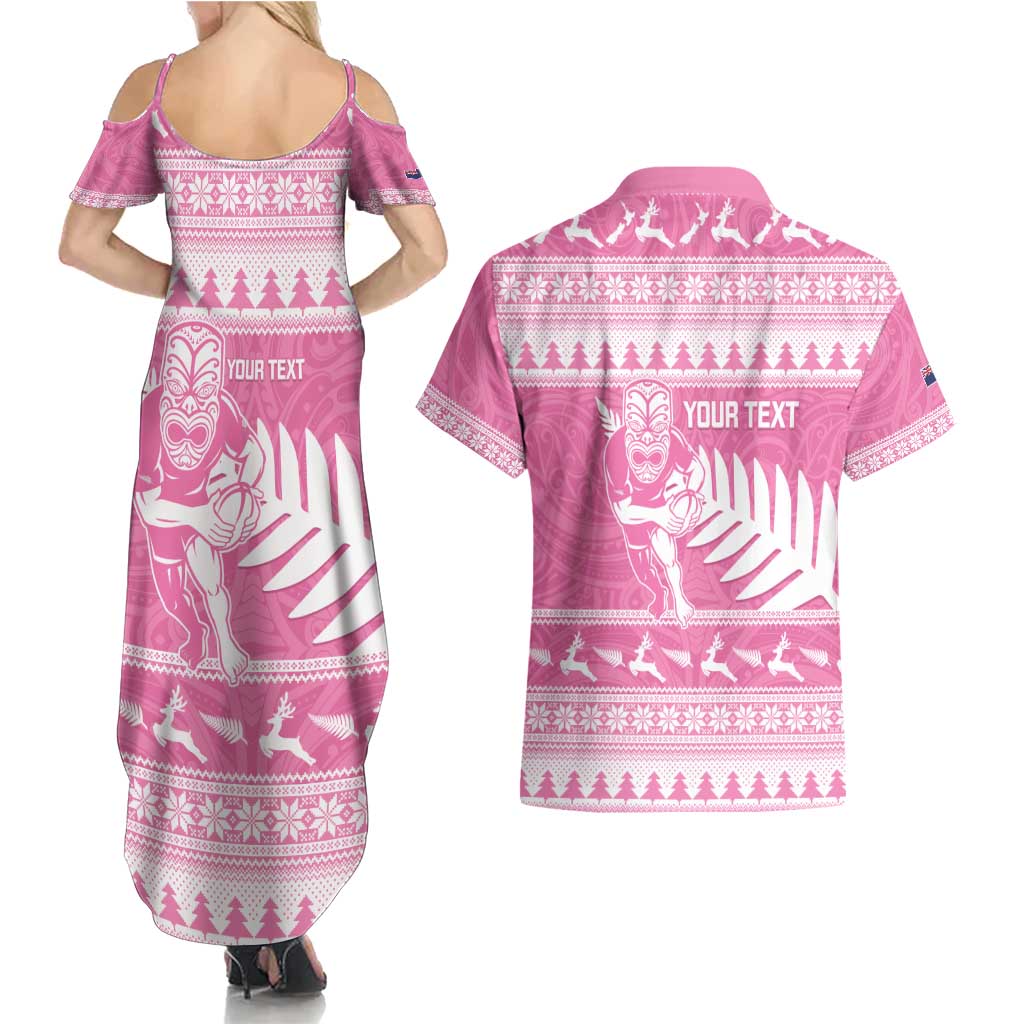 New Zealand Christmas Rugby Personalised Couples Matching Summer Maxi Dress and Hawaiian Shirt Meri Kirihimete All Black Maori Pink Version - Aussie Hoodie
