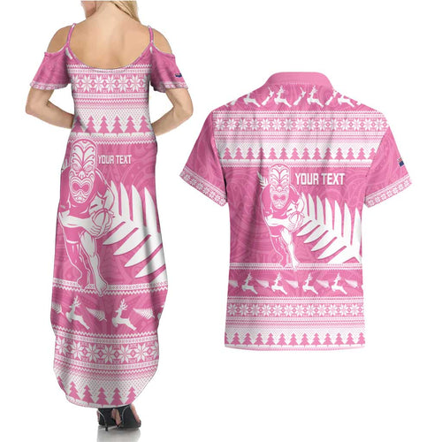 New Zealand Christmas Rugby Personalised Couples Matching Summer Maxi Dress and Hawaiian Shirt Meri Kirihimete All Black Maori Pink Version - Aussie Hoodie