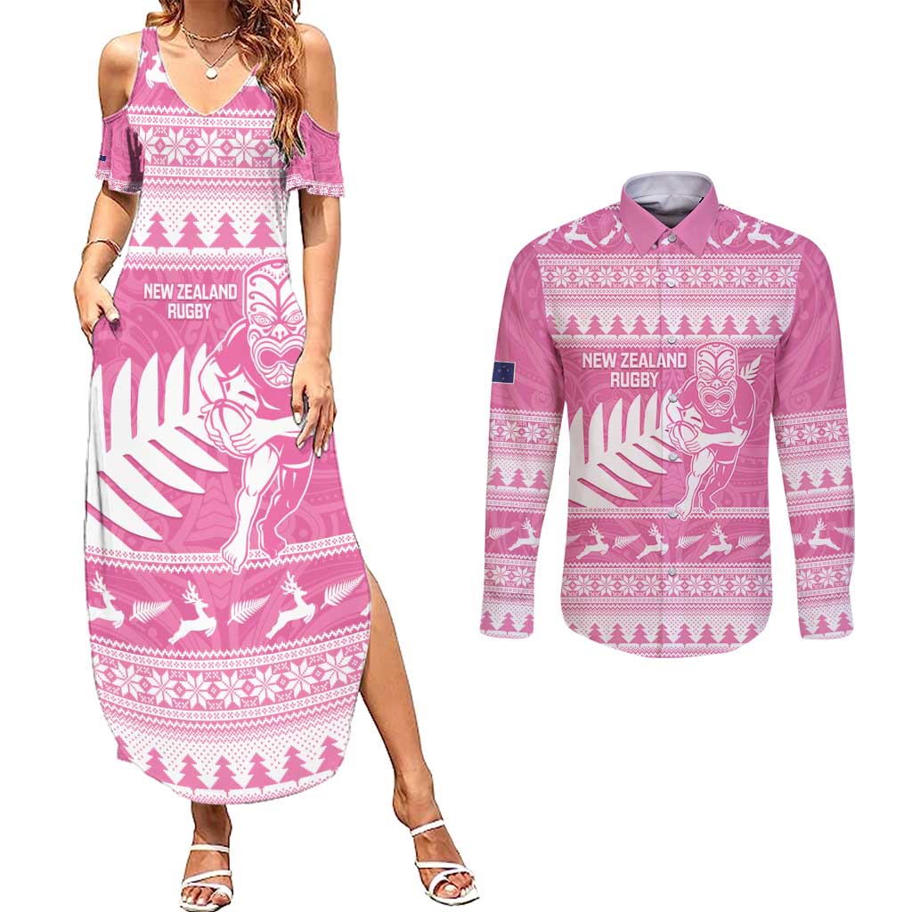 New Zealand Christmas Rugby Personalised Couples Matching Summer Maxi Dress and Long Sleeve Button Shirt Meri Kirihimete All Black Maori Pink Version - Aussie Hoodie