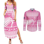 New Zealand Christmas Rugby Personalised Couples Matching Summer Maxi Dress and Long Sleeve Button Shirt Meri Kirihimete All Black Maori Pink Version - Aussie Hoodie