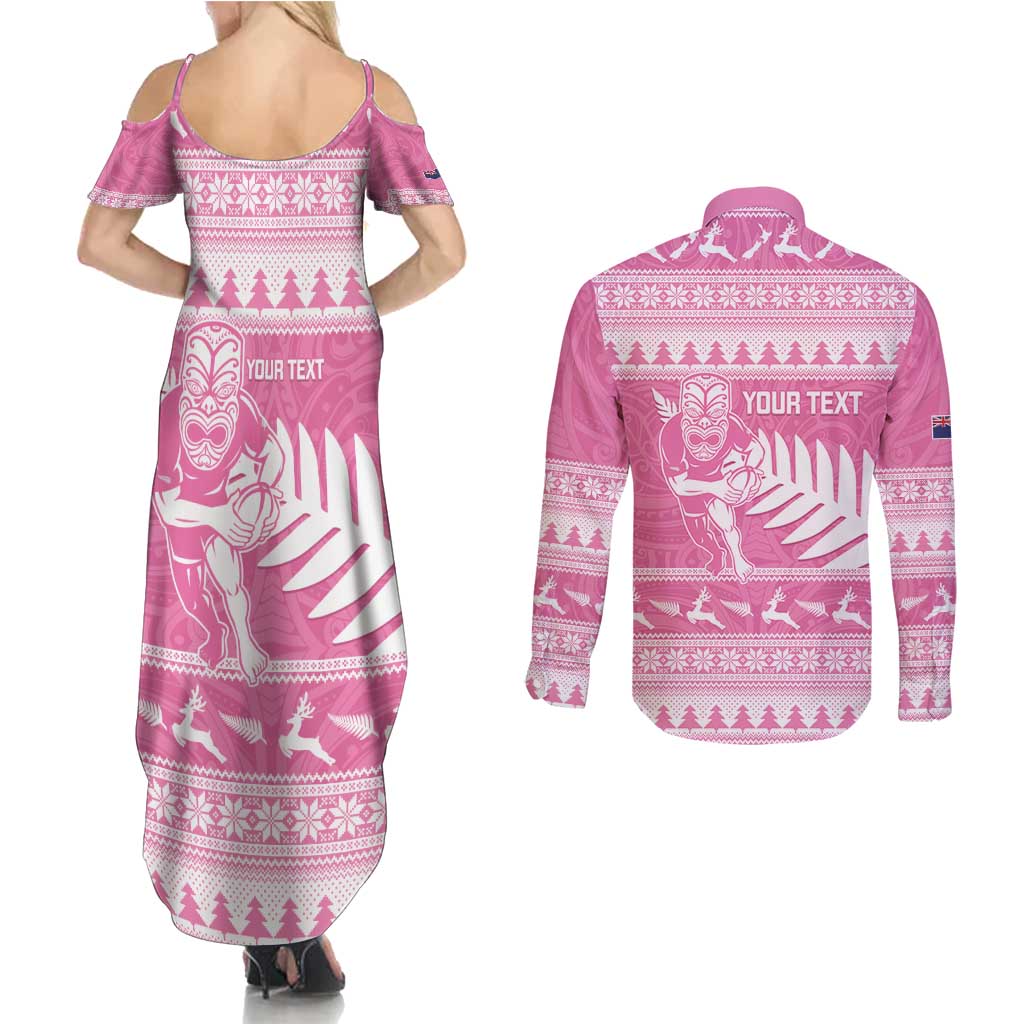 New Zealand Christmas Rugby Personalised Couples Matching Summer Maxi Dress and Long Sleeve Button Shirt Meri Kirihimete All Black Maori Pink Version - Aussie Hoodie