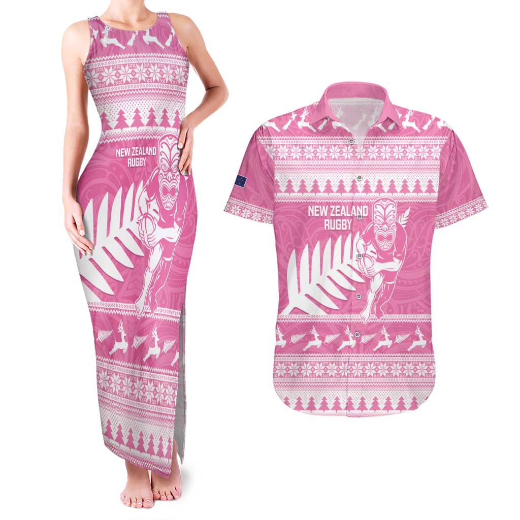 New Zealand Christmas Rugby Personalised Couples Matching Tank Maxi Dress and Hawaiian Shirt Meri Kirihimete All Black Maori Pink Version - Aussie Hoodie