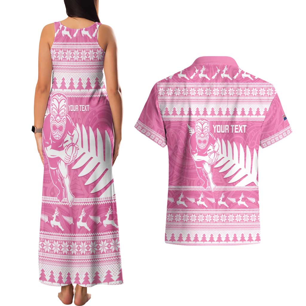 New Zealand Christmas Rugby Personalised Couples Matching Tank Maxi Dress and Hawaiian Shirt Meri Kirihimete All Black Maori Pink Version - Aussie Hoodie