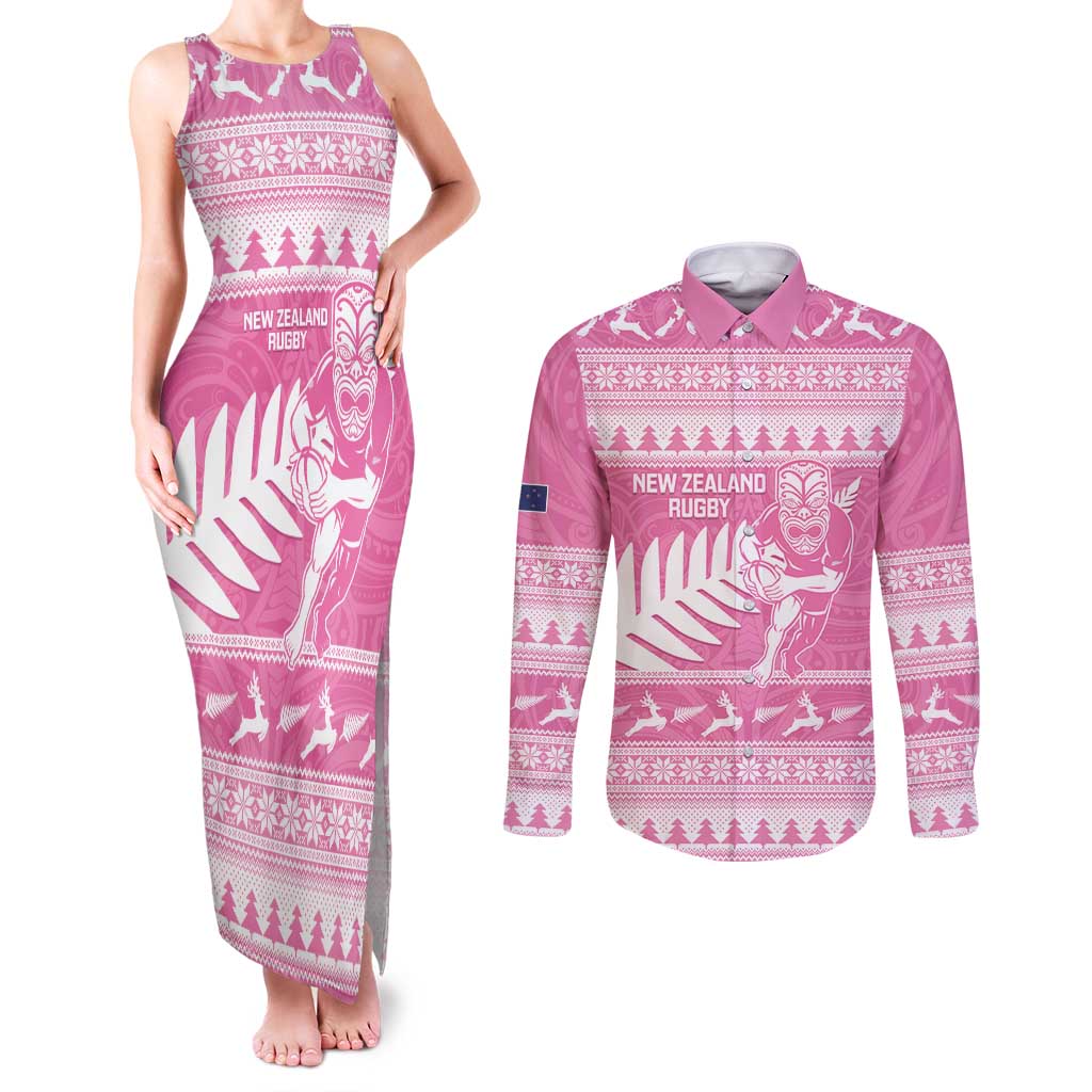 New Zealand Christmas Rugby Personalised Couples Matching Tank Maxi Dress and Long Sleeve Button Shirt Meri Kirihimete All Black Maori Pink Version - Aussie Hoodie