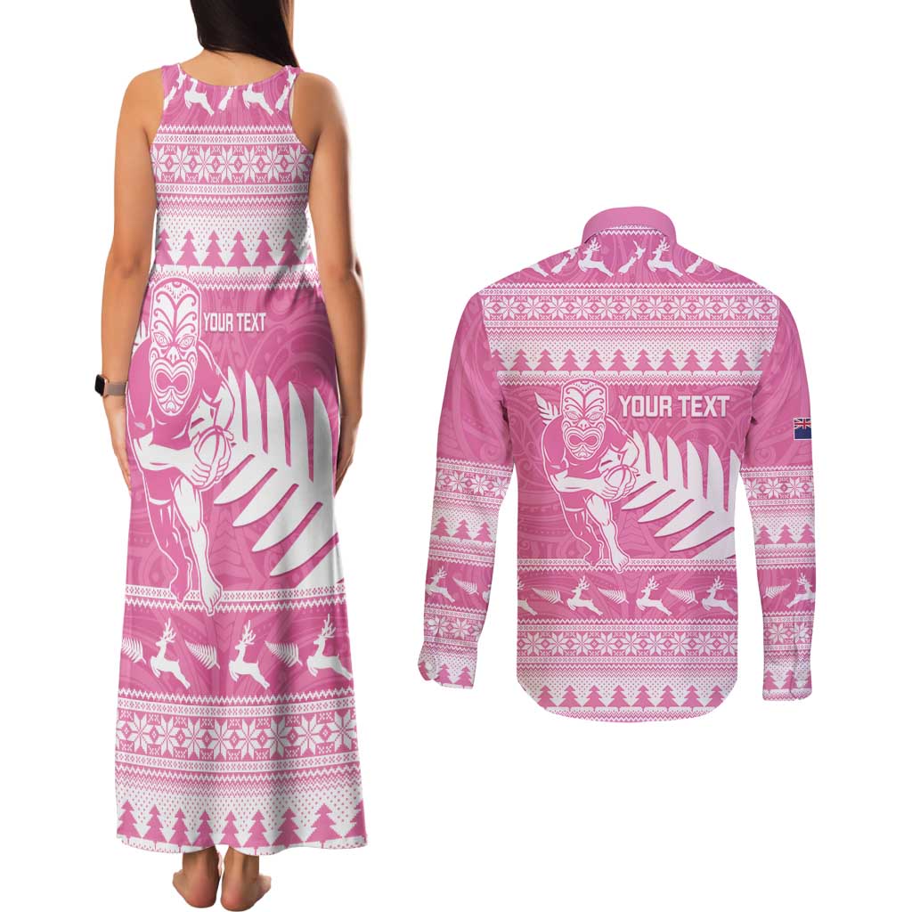 New Zealand Christmas Rugby Personalised Couples Matching Tank Maxi Dress and Long Sleeve Button Shirt Meri Kirihimete All Black Maori Pink Version - Aussie Hoodie
