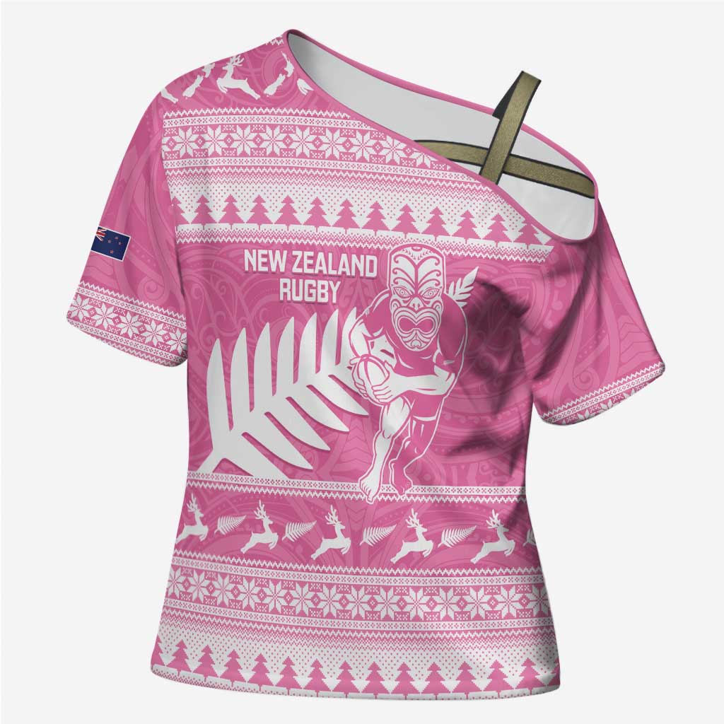 New Zealand Christmas Rugby Personalised Cross Shoulder Shirt Meri Kirihimete All Black Maori Pink Version - Aussie Hoodie
