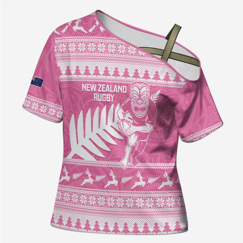 New Zealand Christmas Rugby Personalised Cross Shoulder Shirt Meri Kirihimete All Black Maori Pink Version - Aussie Hoodie