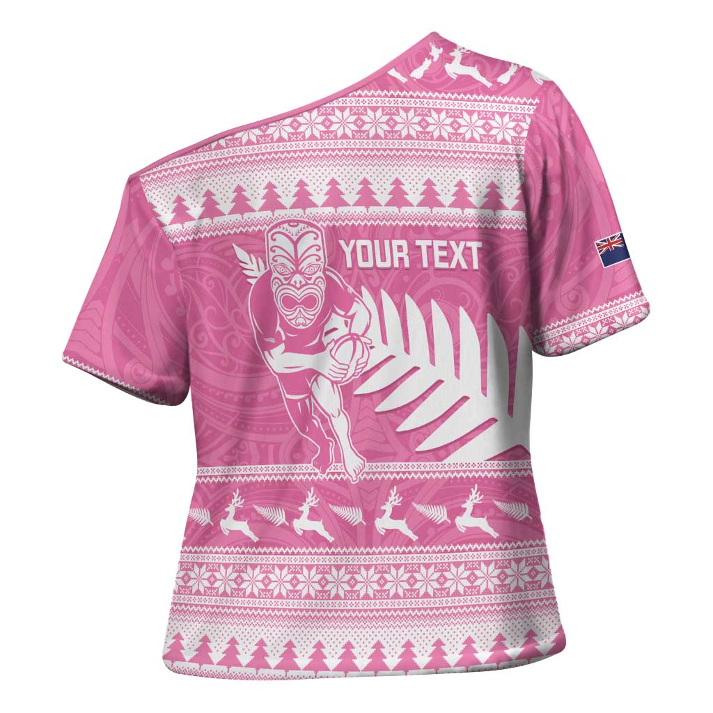 New Zealand Christmas Rugby Personalised Cross Shoulder Shirt Meri Kirihimete All Black Maori Pink Version - Aussie Hoodie