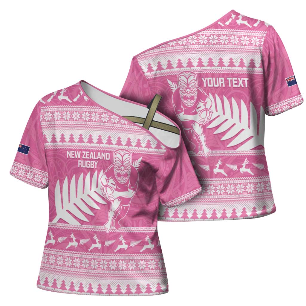 New Zealand Christmas Rugby Personalised Cross Shoulder Shirt Meri Kirihimete All Black Maori Pink Version - Aussie Hoodie