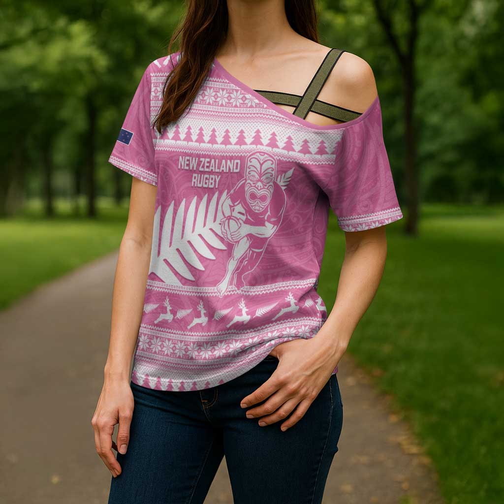 New Zealand Christmas Rugby Personalised Cross Shoulder Shirt Meri Kirihimete All Black Maori Pink Version - Aussie Hoodie