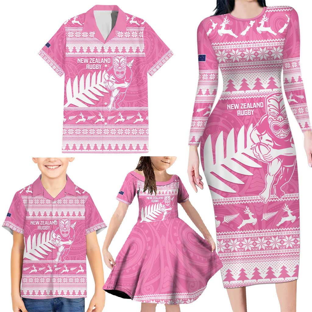 New Zealand Christmas Rugby Personalised Family Matching Long Sleeve Bodycon Dress and Hawaiian Shirt Meri Kirihimete All Black Maori Pink Version - Aussie Hoodie