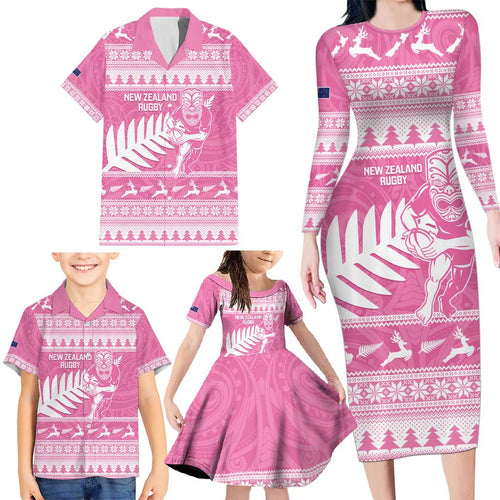 New Zealand Christmas Rugby Personalised Family Matching Long Sleeve Bodycon Dress and Hawaiian Shirt Meri Kirihimete All Black Maori Pink Version - Aussie Hoodie