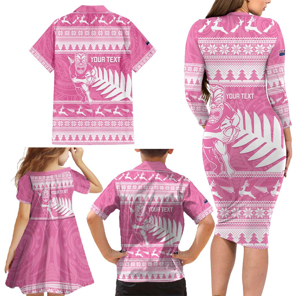 New Zealand Christmas Rugby Personalised Family Matching Long Sleeve Bodycon Dress and Hawaiian Shirt Meri Kirihimete All Black Maori Pink Version - Aussie Hoodie