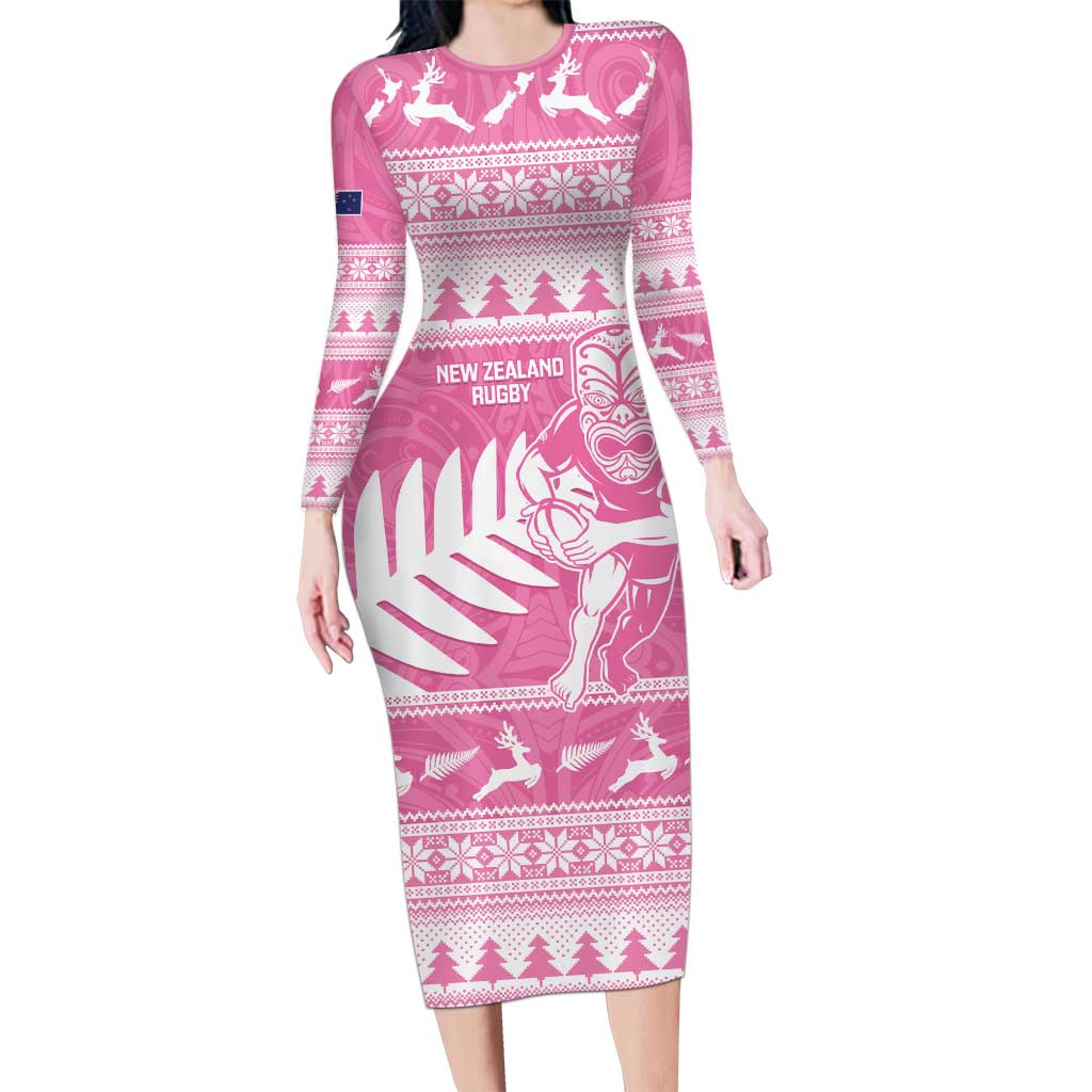 New Zealand Christmas Rugby Personalised Family Matching Long Sleeve Bodycon Dress and Hawaiian Shirt Meri Kirihimete All Black Maori Pink Version - Aussie Hoodie