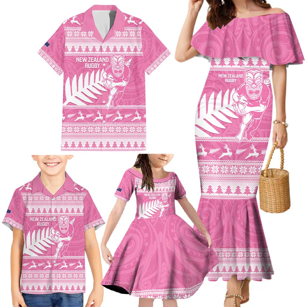 New Zealand Christmas Rugby Personalised Family Matching Mermaid Dress and Hawaiian Shirt Meri Kirihimete All Black Maori Pink Version - Aussie Hoodie