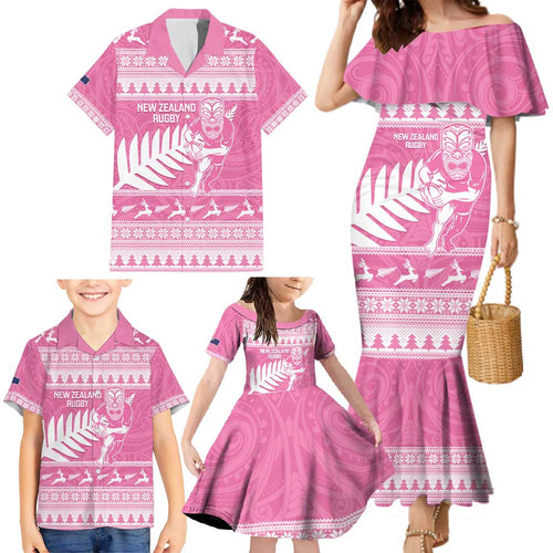 New Zealand Christmas Rugby Personalised Family Matching Mermaid Dress and Hawaiian Shirt Meri Kirihimete All Black Maori Pink Version - Aussie Hoodie