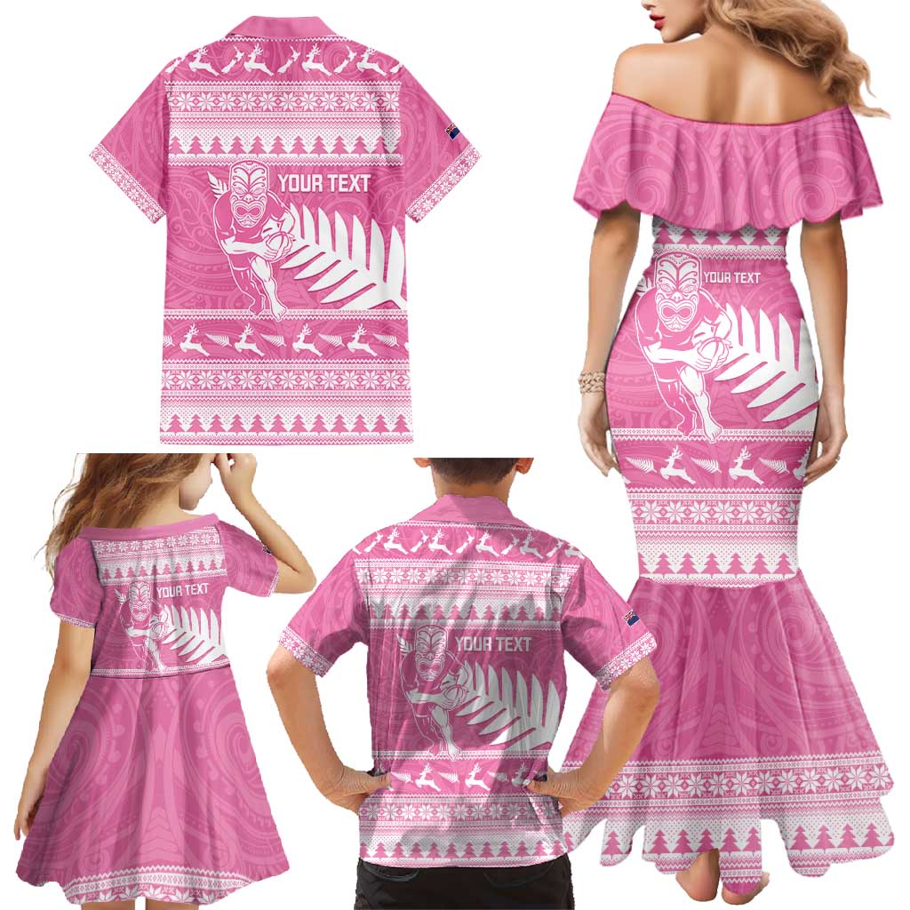 New Zealand Christmas Rugby Personalised Family Matching Mermaid Dress and Hawaiian Shirt Meri Kirihimete All Black Maori Pink Version - Aussie Hoodie