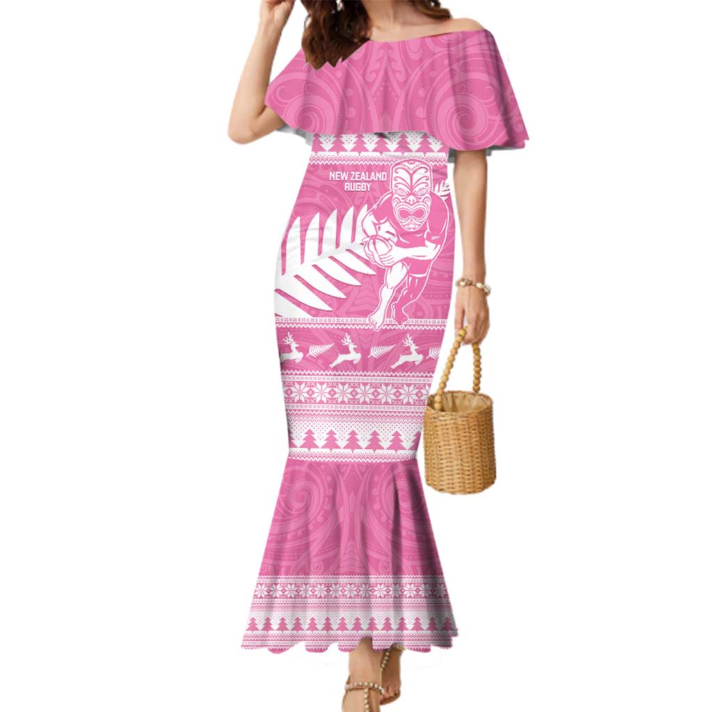 New Zealand Christmas Rugby Personalised Family Matching Mermaid Dress and Hawaiian Shirt Meri Kirihimete All Black Maori Pink Version - Aussie Hoodie