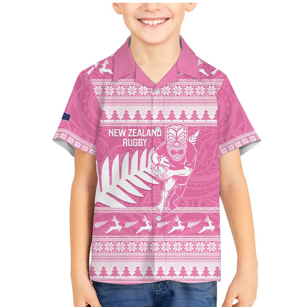 New Zealand Christmas Rugby Personalised Family Matching Mermaid Dress and Hawaiian Shirt Meri Kirihimete All Black Maori Pink Version - Aussie Hoodie