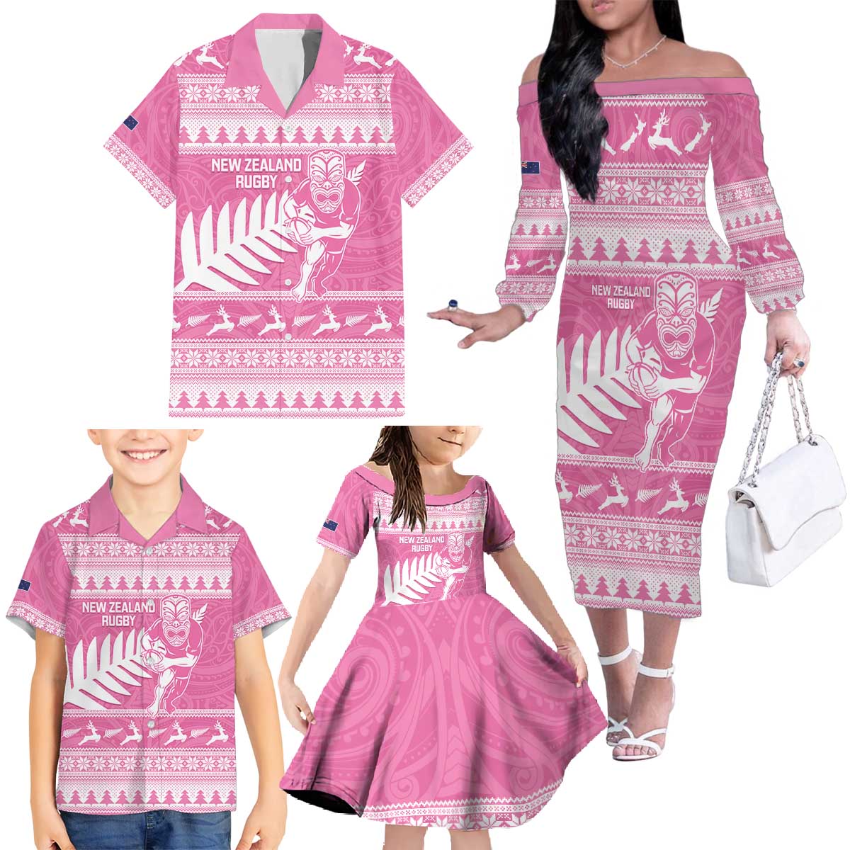 New Zealand Christmas Rugby Personalised Family Matching Off The Shoulder Long Sleeve Dress and Hawaiian Shirt Meri Kirihimete All Black Maori Pink Version - Aussie Hoodie