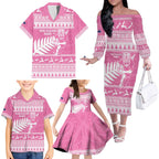 New Zealand Christmas Rugby Personalised Family Matching Off The Shoulder Long Sleeve Dress and Hawaiian Shirt Meri Kirihimete All Black Maori Pink Version - Aussie Hoodie