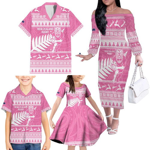 New Zealand Christmas Rugby Personalised Family Matching Off The Shoulder Long Sleeve Dress and Hawaiian Shirt Meri Kirihimete All Black Maori Pink Version - Aussie Hoodie