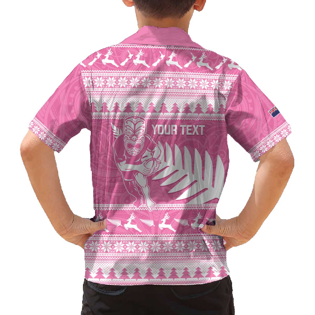 New Zealand Christmas Rugby Personalised Family Matching Off The Shoulder Long Sleeve Dress and Hawaiian Shirt Meri Kirihimete All Black Maori Pink Version - Aussie Hoodie