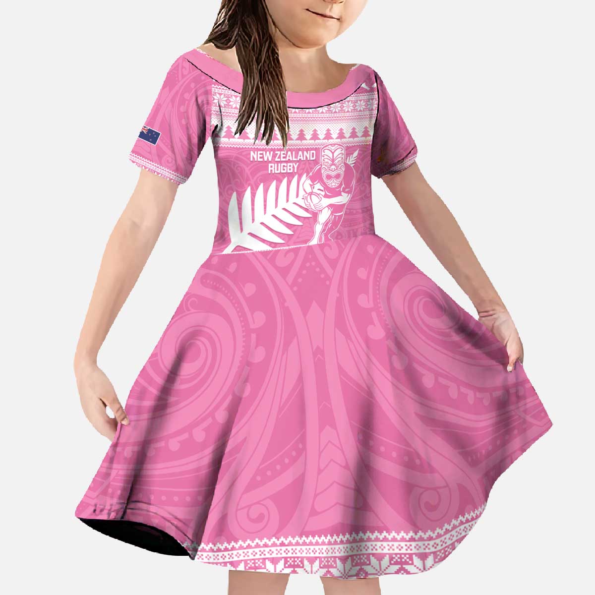 New Zealand Christmas Rugby Personalised Family Matching Off The Shoulder Long Sleeve Dress and Hawaiian Shirt Meri Kirihimete All Black Maori Pink Version - Aussie Hoodie