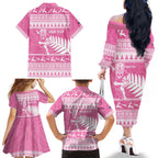 New Zealand Christmas Rugby Personalised Family Matching Off The Shoulder Long Sleeve Dress and Hawaiian Shirt Meri Kirihimete All Black Maori Pink Version - Aussie Hoodie