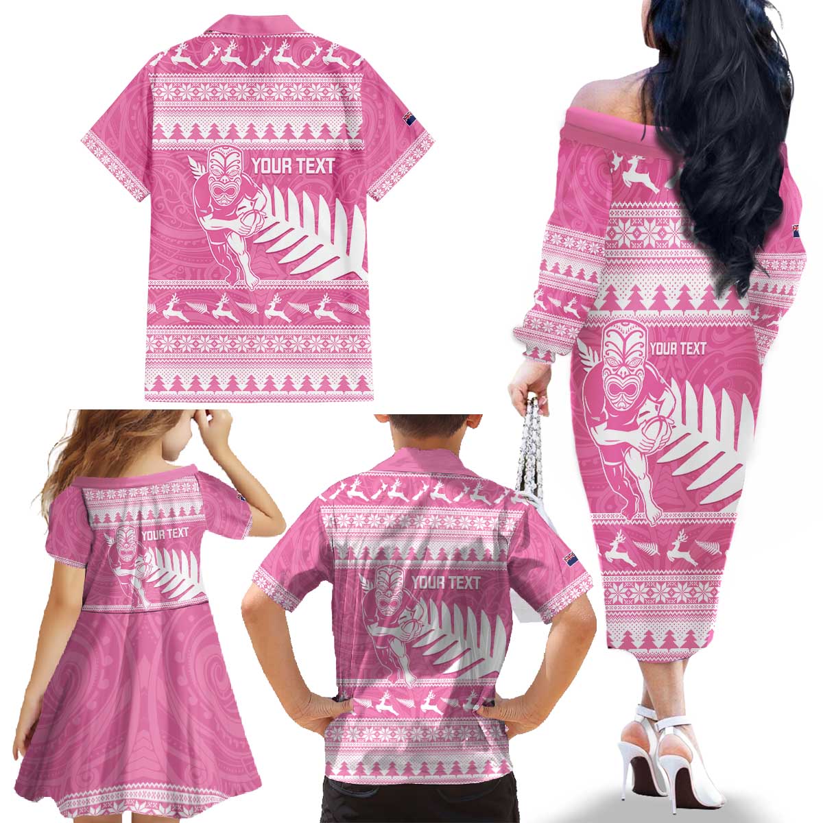 New Zealand Christmas Rugby Personalised Family Matching Off The Shoulder Long Sleeve Dress and Hawaiian Shirt Meri Kirihimete All Black Maori Pink Version - Aussie Hoodie