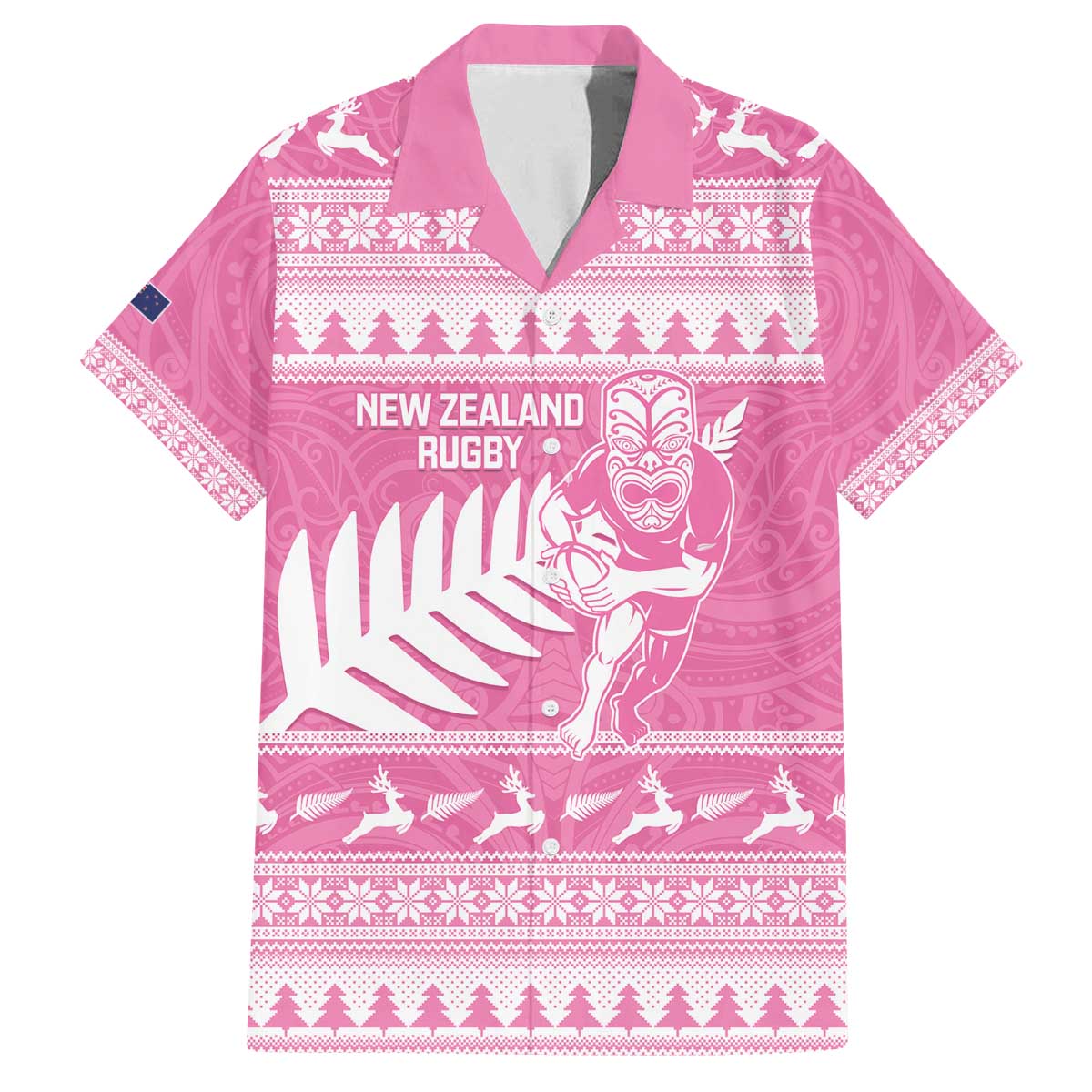 New Zealand Christmas Rugby Personalised Family Matching Off The Shoulder Long Sleeve Dress and Hawaiian Shirt Meri Kirihimete All Black Maori Pink Version - Aussie Hoodie