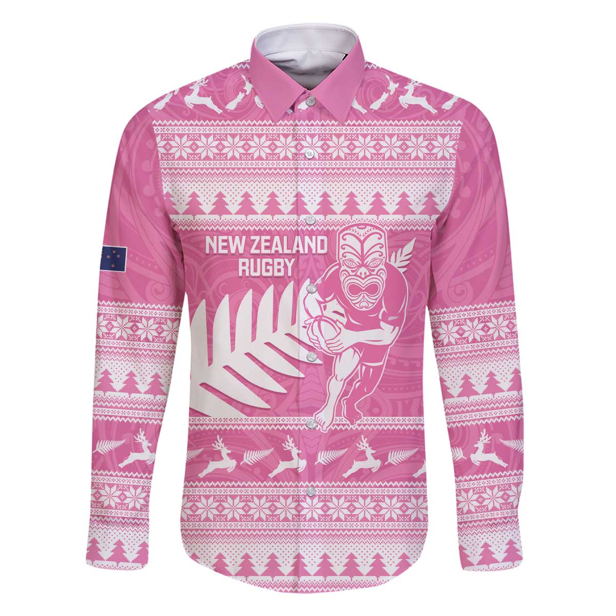 New Zealand Christmas Rugby Personalised Family Matching Off The Shoulder Long Sleeve Dress and Hawaiian Shirt Meri Kirihimete All Black Maori Pink Version - Aussie Hoodie