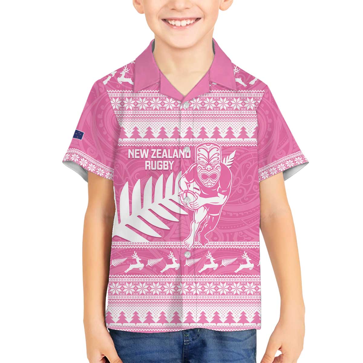 New Zealand Christmas Rugby Personalised Family Matching Off The Shoulder Long Sleeve Dress and Hawaiian Shirt Meri Kirihimete All Black Maori Pink Version - Aussie Hoodie
