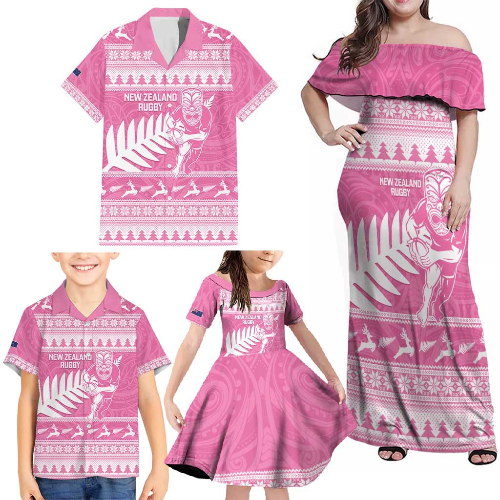 New Zealand Christmas Rugby Personalised Family Matching Off Shoulder Maxi Dress and Hawaiian Shirt Meri Kirihimete All Black Maori Pink Version - Aussie Hoodie
