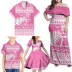 New Zealand Christmas Rugby Personalised Family Matching Off Shoulder Maxi Dress and Hawaiian Shirt Meri Kirihimete All Black Maori Pink Version - Aussie Hoodie