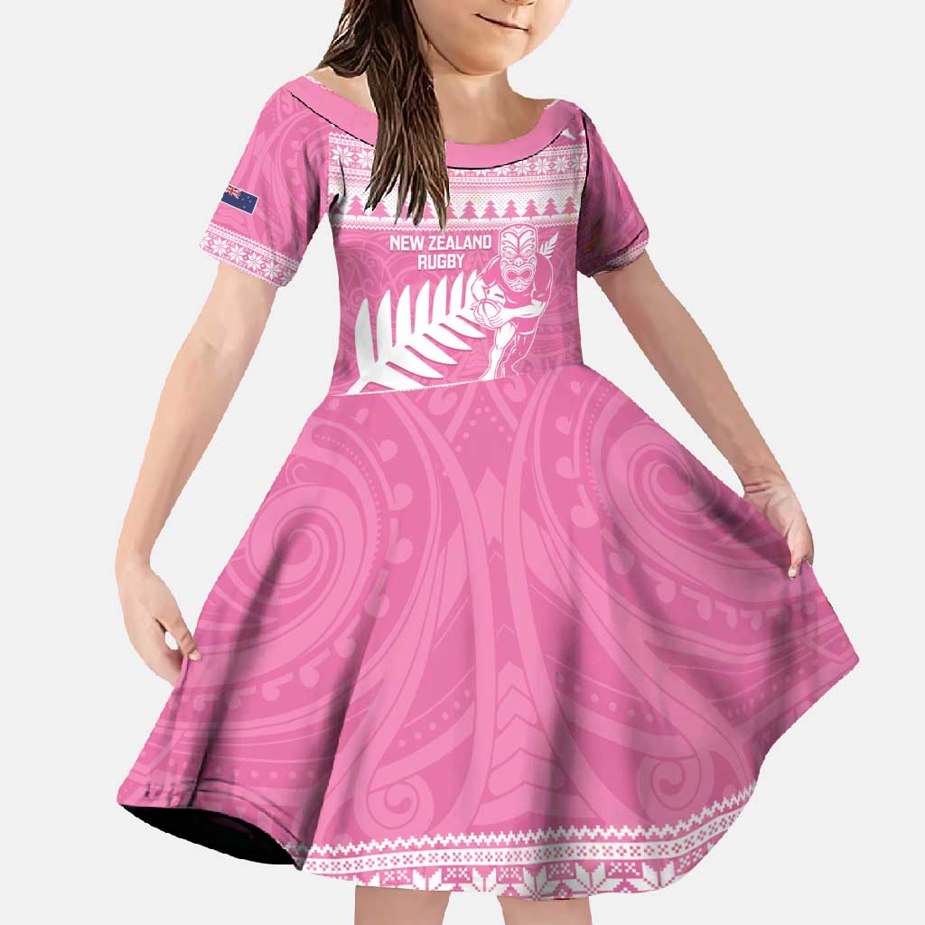 New Zealand Christmas Rugby Personalised Family Matching Off Shoulder Maxi Dress and Hawaiian Shirt Meri Kirihimete All Black Maori Pink Version - Aussie Hoodie