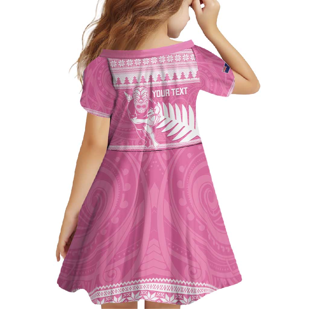 New Zealand Christmas Rugby Personalised Family Matching Off Shoulder Maxi Dress and Hawaiian Shirt Meri Kirihimete All Black Maori Pink Version - Aussie Hoodie
