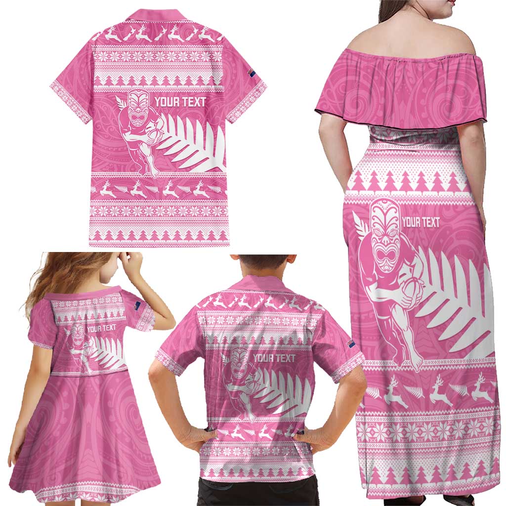 New Zealand Christmas Rugby Personalised Family Matching Off Shoulder Maxi Dress and Hawaiian Shirt Meri Kirihimete All Black Maori Pink Version - Aussie Hoodie