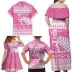 New Zealand Christmas Rugby Personalised Family Matching Off Shoulder Maxi Dress and Hawaiian Shirt Meri Kirihimete All Black Maori Pink Version - Aussie Hoodie