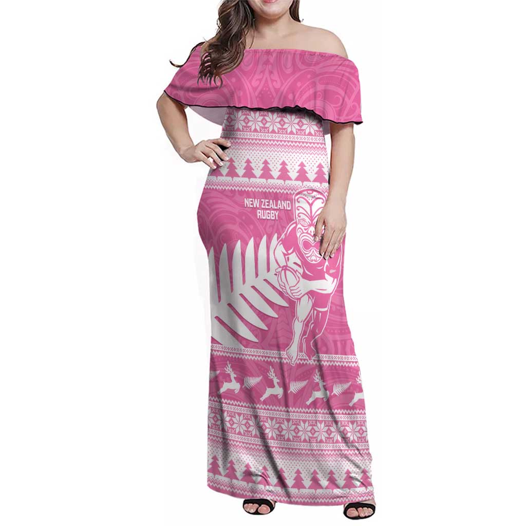New Zealand Christmas Rugby Personalised Family Matching Off Shoulder Maxi Dress and Hawaiian Shirt Meri Kirihimete All Black Maori Pink Version - Aussie Hoodie