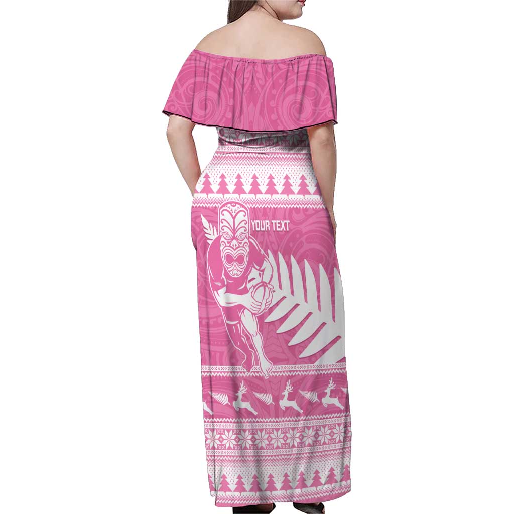 New Zealand Christmas Rugby Personalised Family Matching Off Shoulder Maxi Dress and Hawaiian Shirt Meri Kirihimete All Black Maori Pink Version - Aussie Hoodie