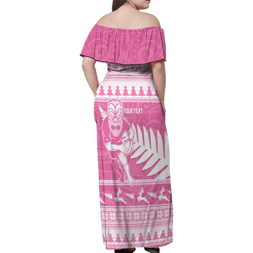 New Zealand Christmas Rugby Personalised Family Matching Off Shoulder Maxi Dress and Hawaiian Shirt Meri Kirihimete All Black Maori Pink Version - Aussie Hoodie