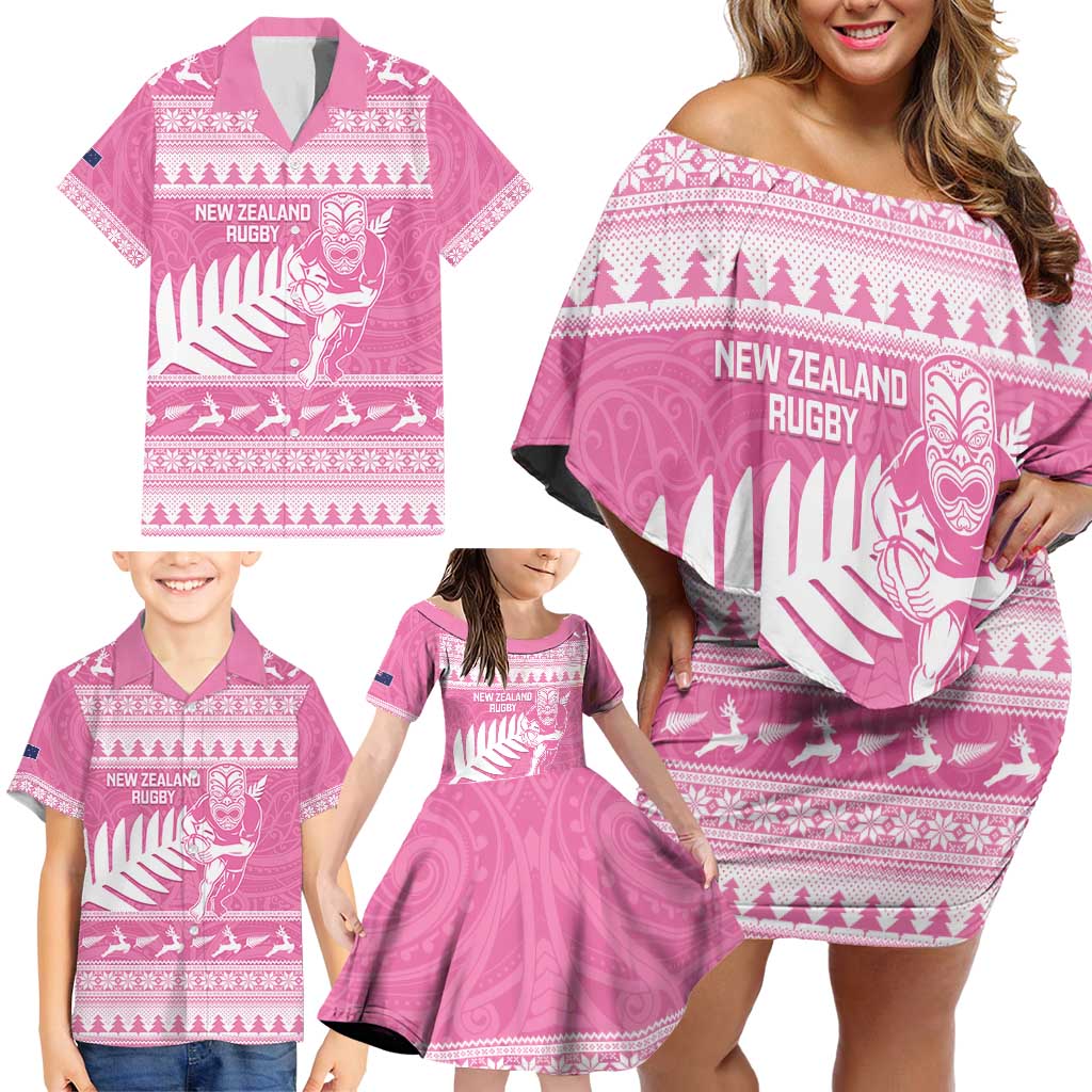 New Zealand Christmas Rugby Personalised Family Matching Off Shoulder Short Dress and Hawaiian Shirt Meri Kirihimete All Black Maori Pink Version - Aussie Hoodie