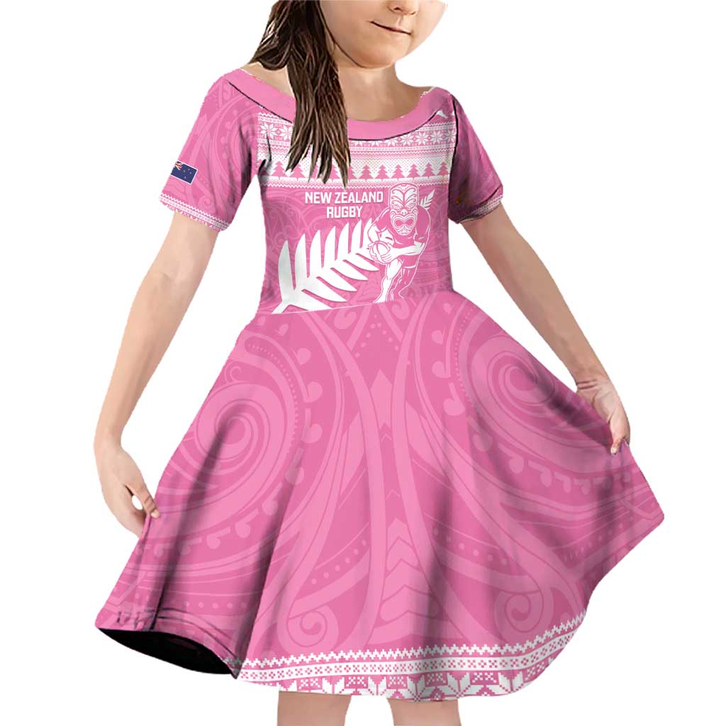 New Zealand Christmas Rugby Personalised Family Matching Off Shoulder Short Dress and Hawaiian Shirt Meri Kirihimete All Black Maori Pink Version - Aussie Hoodie